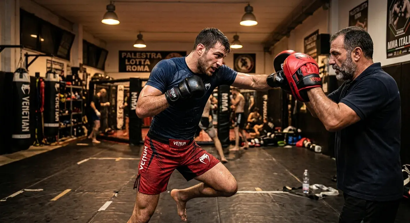 Allenamento MMA professionale in una palestra italiana con coach e atleta