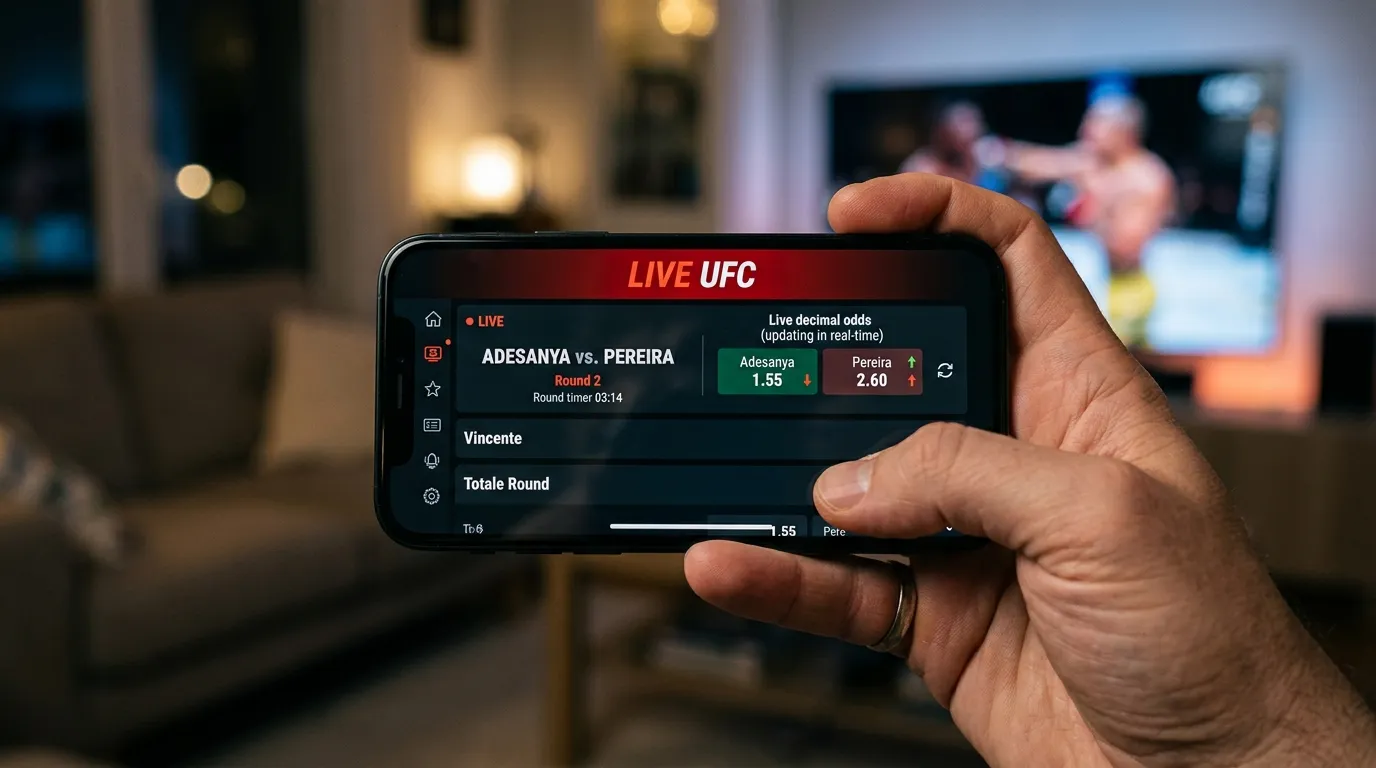 Smartphone mostra app di scommesse live UFC con quote in aggiornamento durante un fight