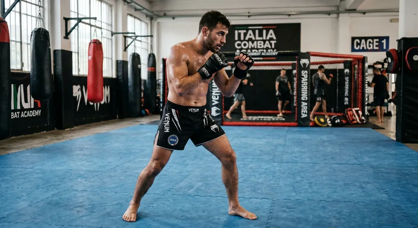Atleta italiano di MMA durante l'allenamento in palestra agonistica federale