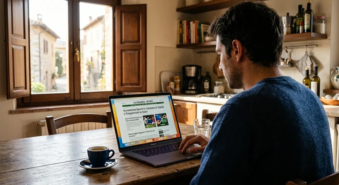 Scommettitore italiano che legge le notizie sull'integrità delle scommesse al laptop