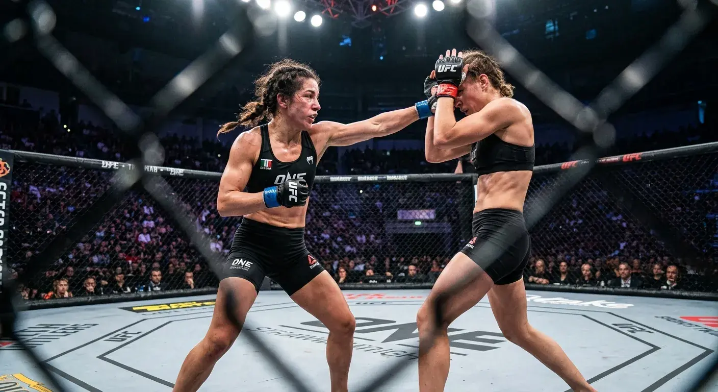 Due fighter UFC femminili nella categoria strawweight durante un round nell'ottagono