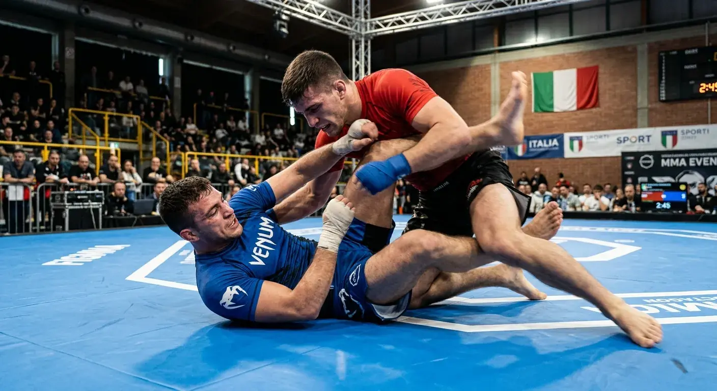 Lottatori italiani sul tatami in un evento Federkombat con bandiera italiana sullo sfondo