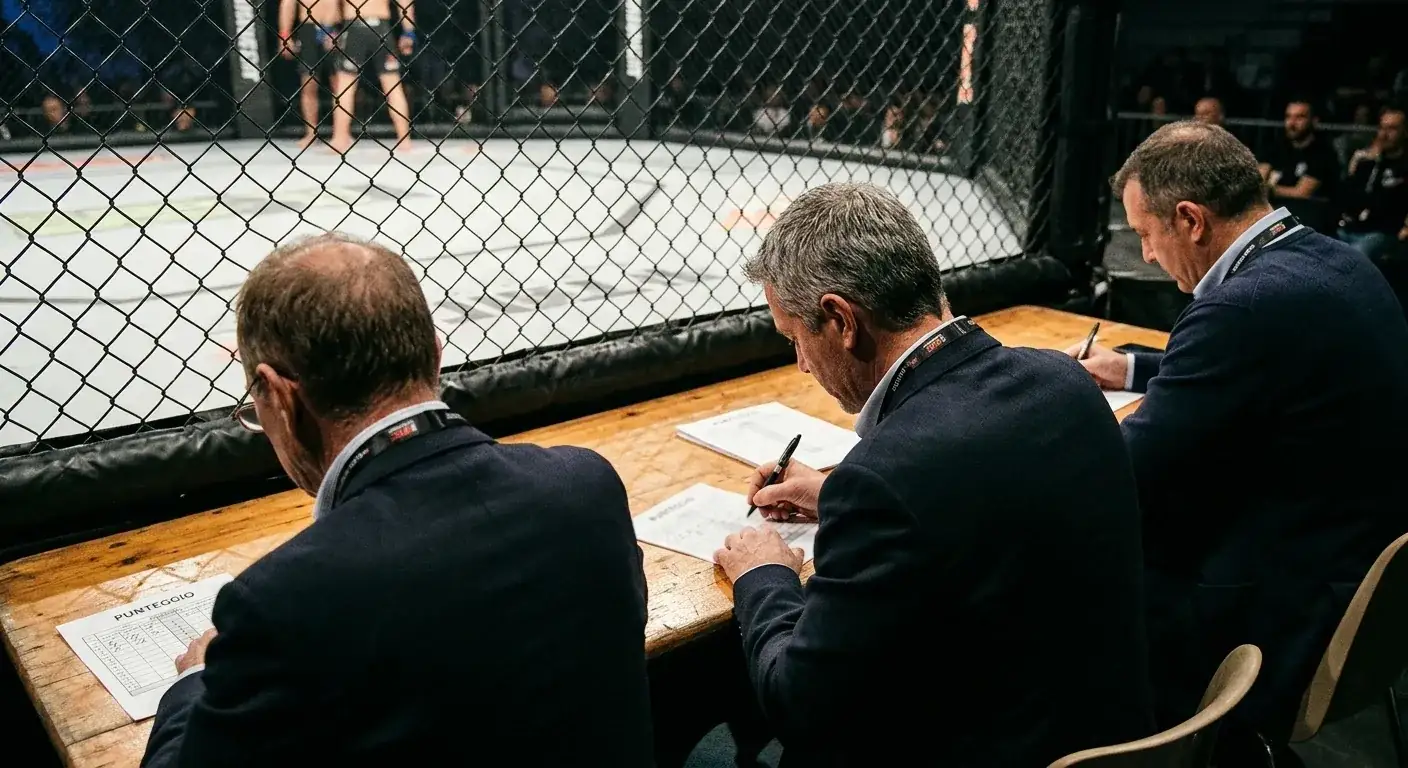 Giudici a bordo ottagono compilano i cartellini per la decisione di un fight UFC
