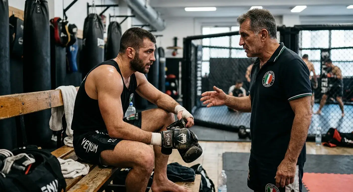 Fighter e coach discutono dei nuovi guantoni a bordo ottagono