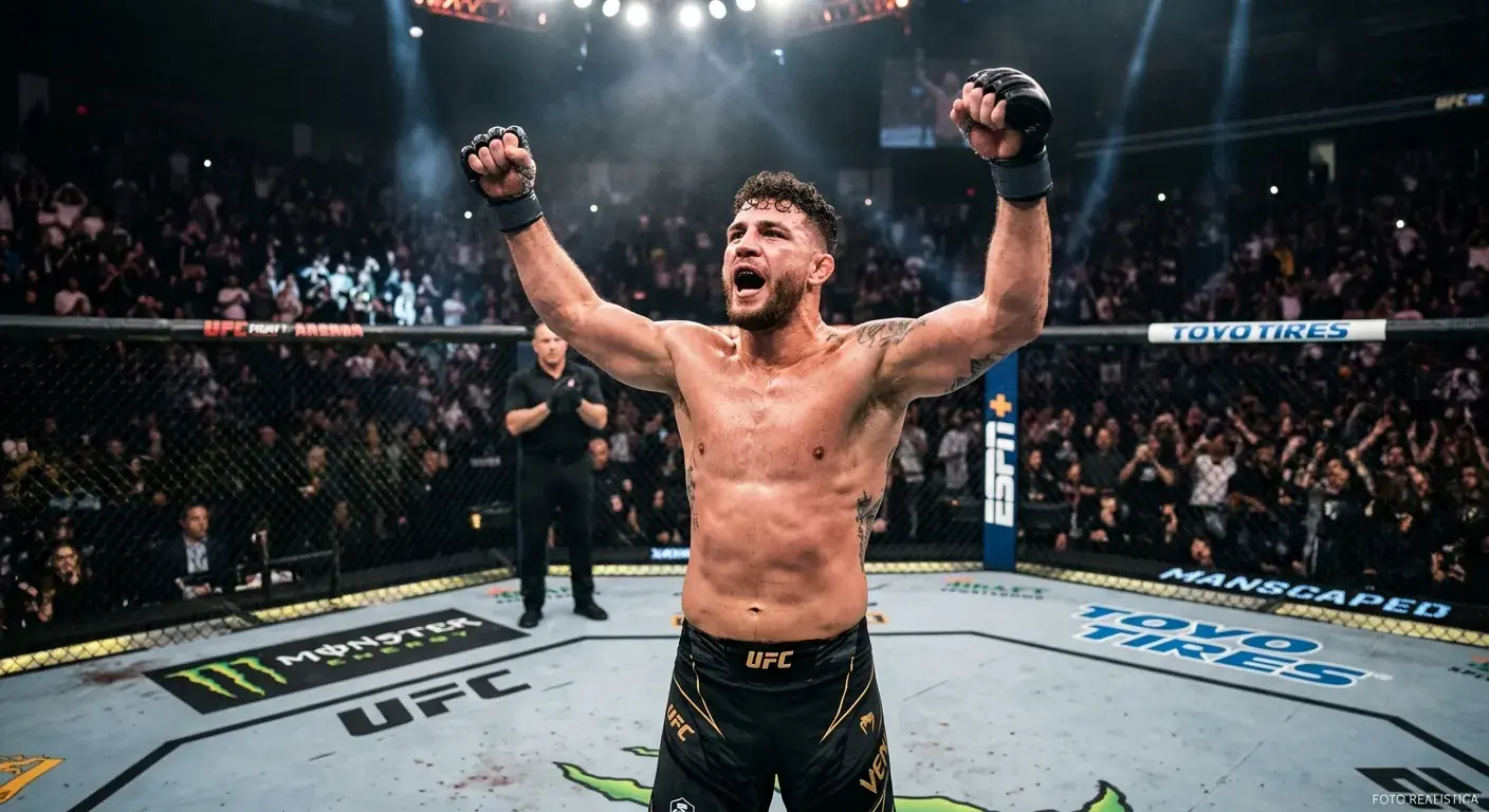 Lottatore MMA pesi massimi vittorioso per KO in arena UFC con luci basse