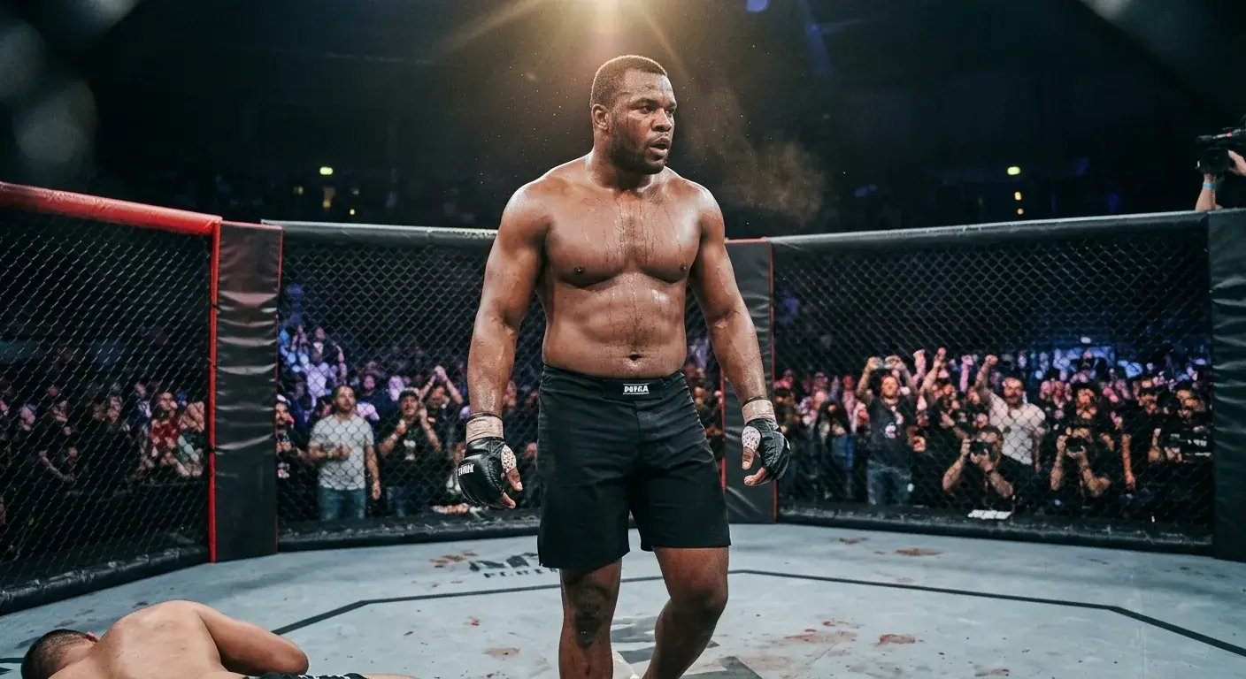Fighter heavyweight UFC dopo un KO devastante nell'ottagono con tatami illuminato