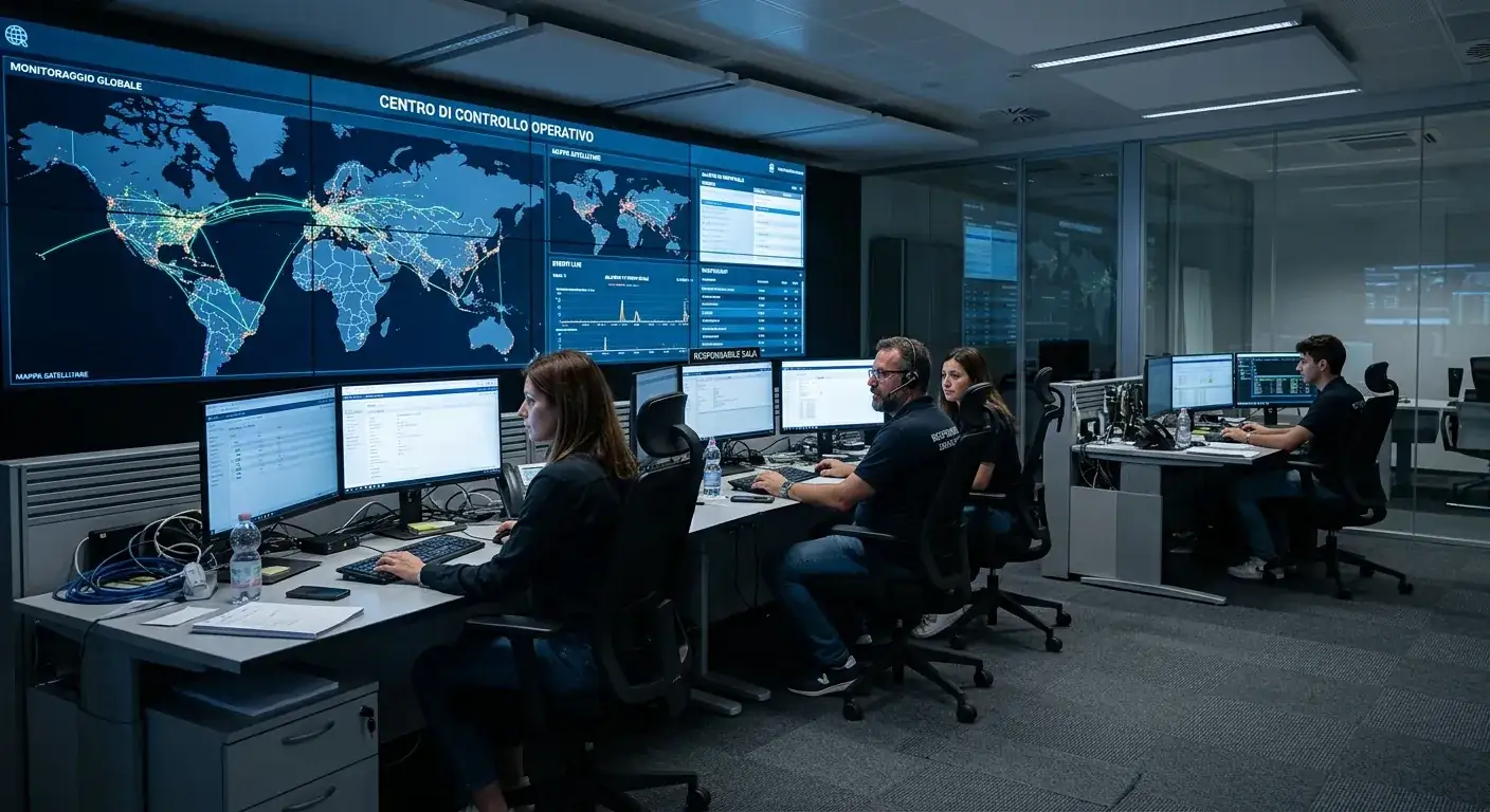 Sala di controllo di un servizio di integrity monitoring con più analisti al lavoro