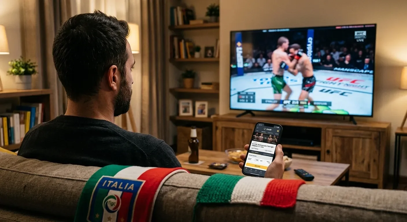 Tifoso italiano che segue un evento UFC con bandiera italiana e laptop di scommesse aperto