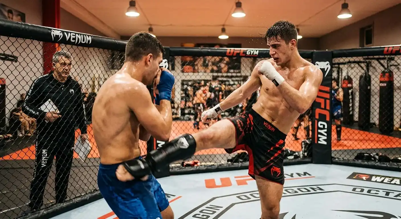 Giovane prospect italiano di MMA durante un allenamento intenso in palestra