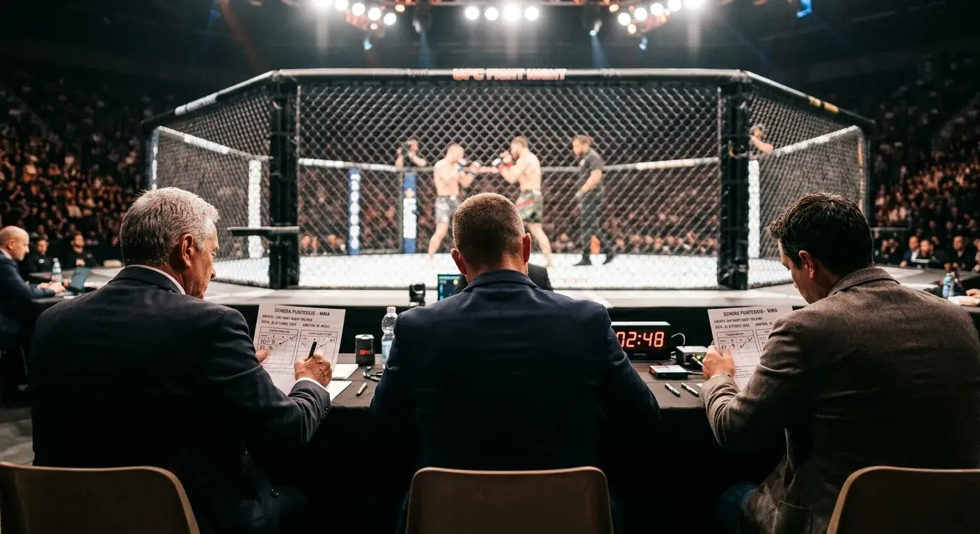 Tre giudici a bordo ottagono valutano un combattimento UFC per la decisione