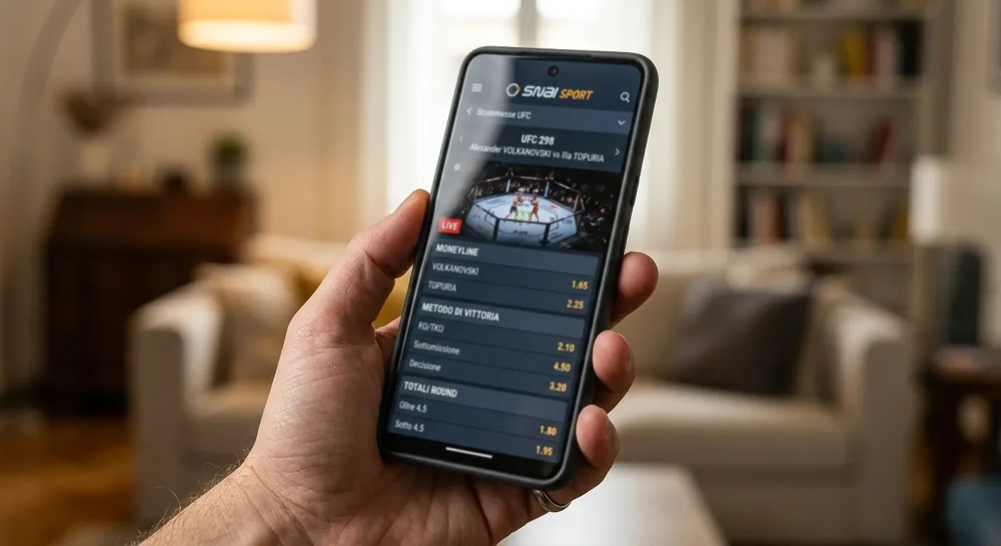 Smartphone mostra interfaccia con mercati Moneyline Method of Victory e Round Totals per scommesse UFC