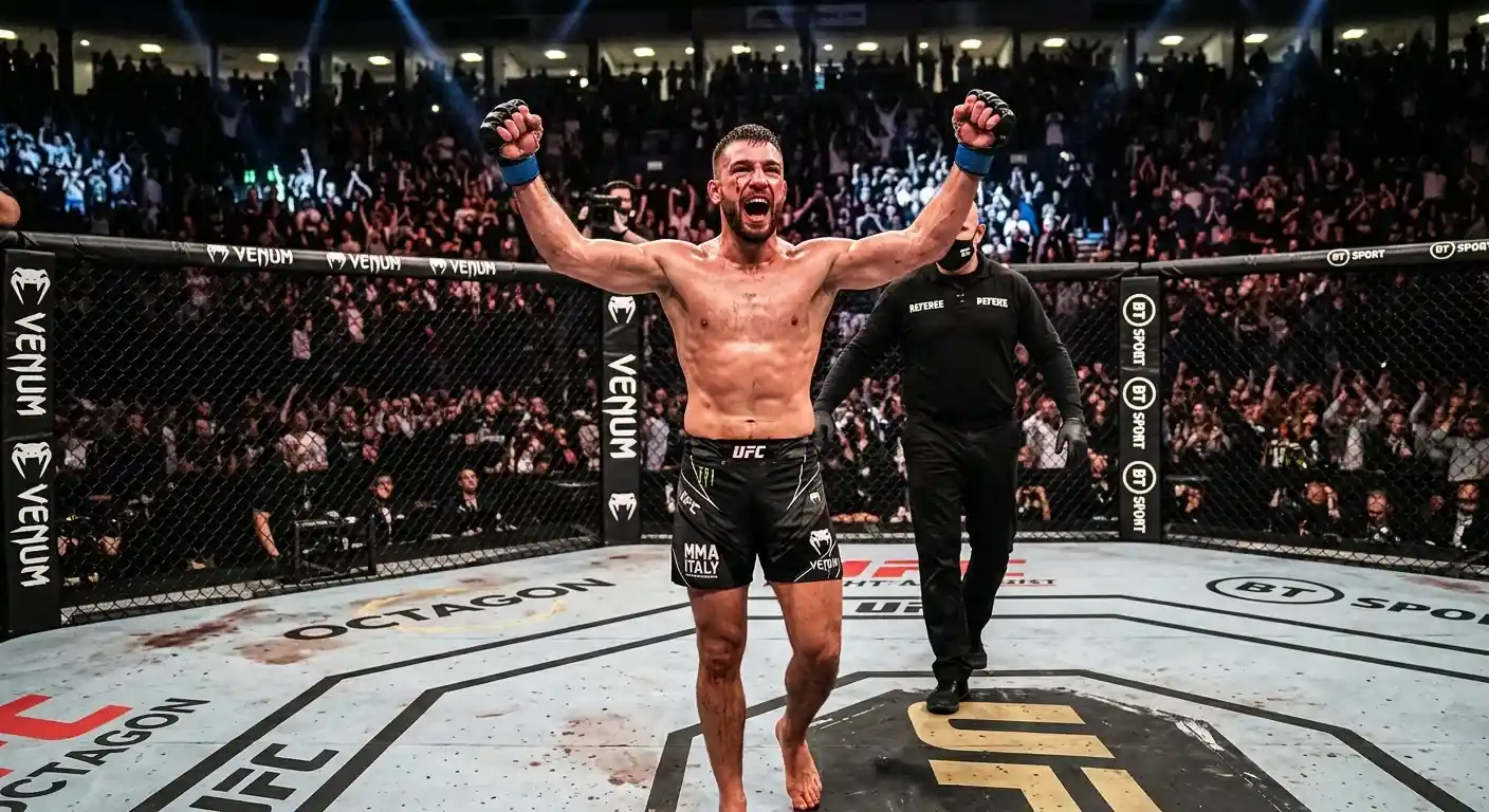 Fighter UFC esulta dopo un finisher per KO sull'avversario nell'ottagono