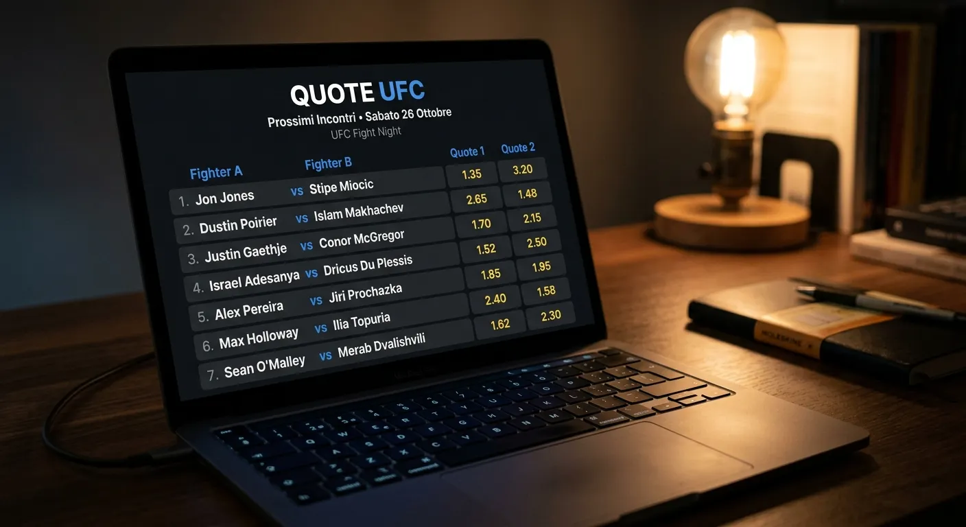Schermata di un sito di scommesse UFC con quote moneyline su un main event MMA