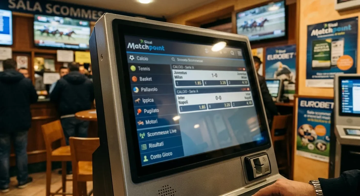 Schermo terminale di un bookmaker italiano con elenco sport disponibili nel palinsesto AAMS