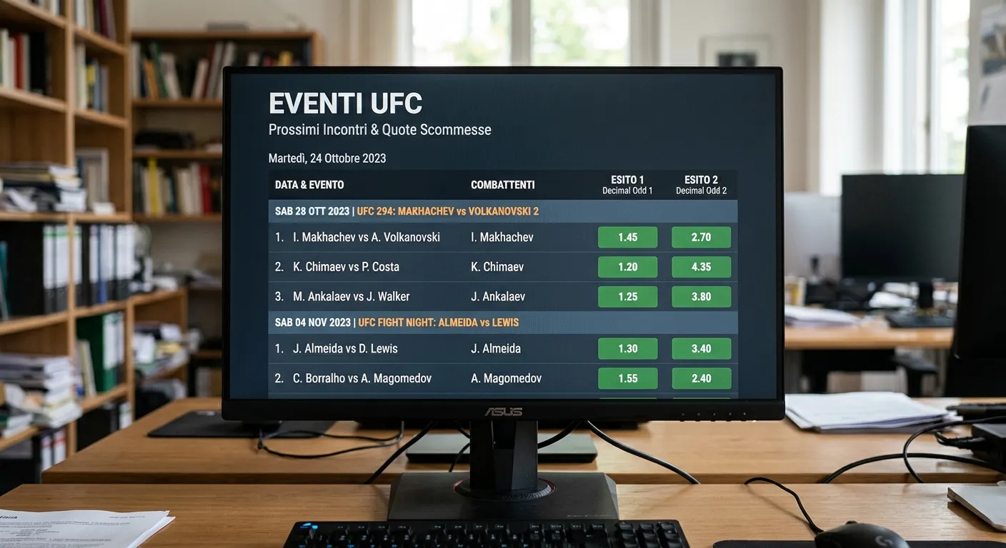 Schermata di palinsesto di un sito di scommesse con elenco di eventi UFC e Fight Night