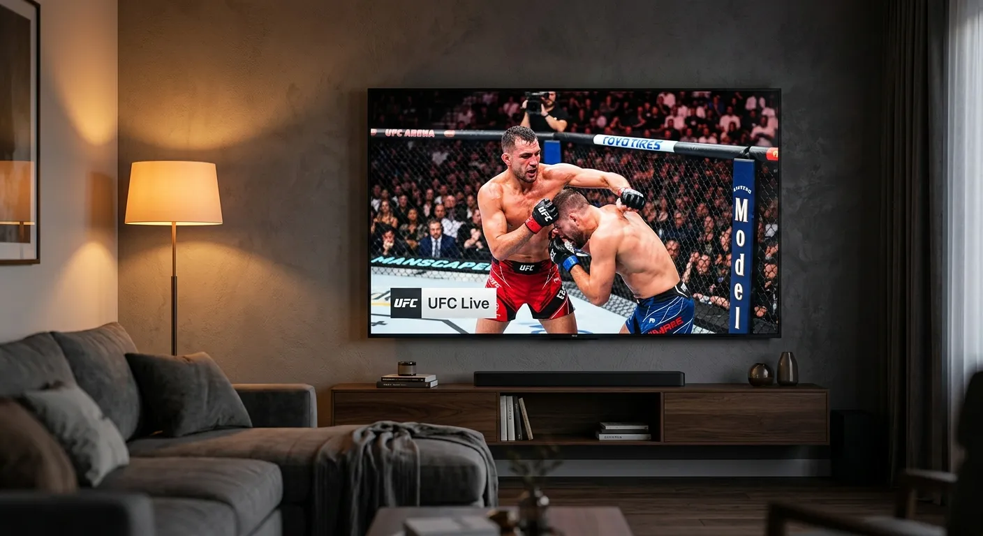 Schermo TV mostra logo Paramount con immagine di evento UFC in arena nel 2026