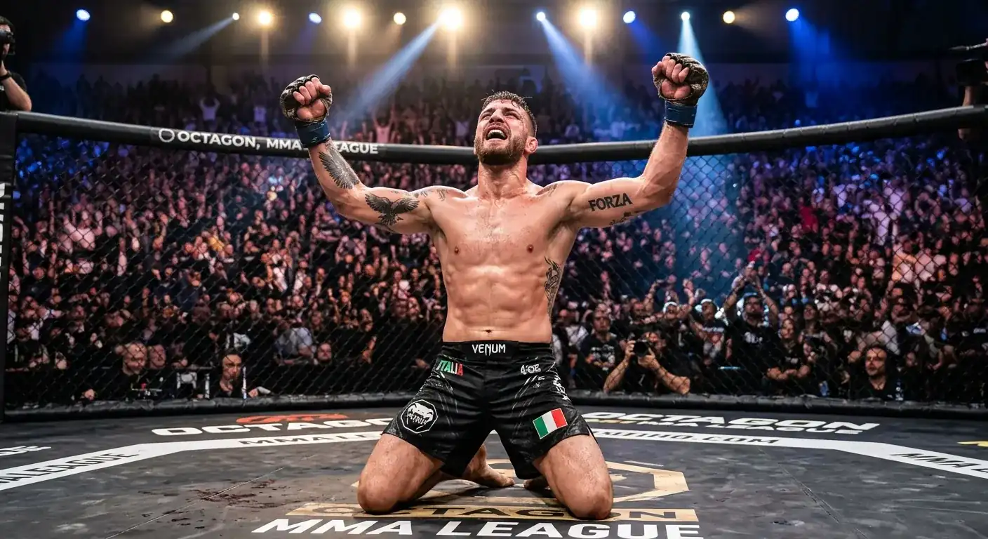 Fighter UFC vincitore festeggia un Performance of the Night sull'ottagono illuminato