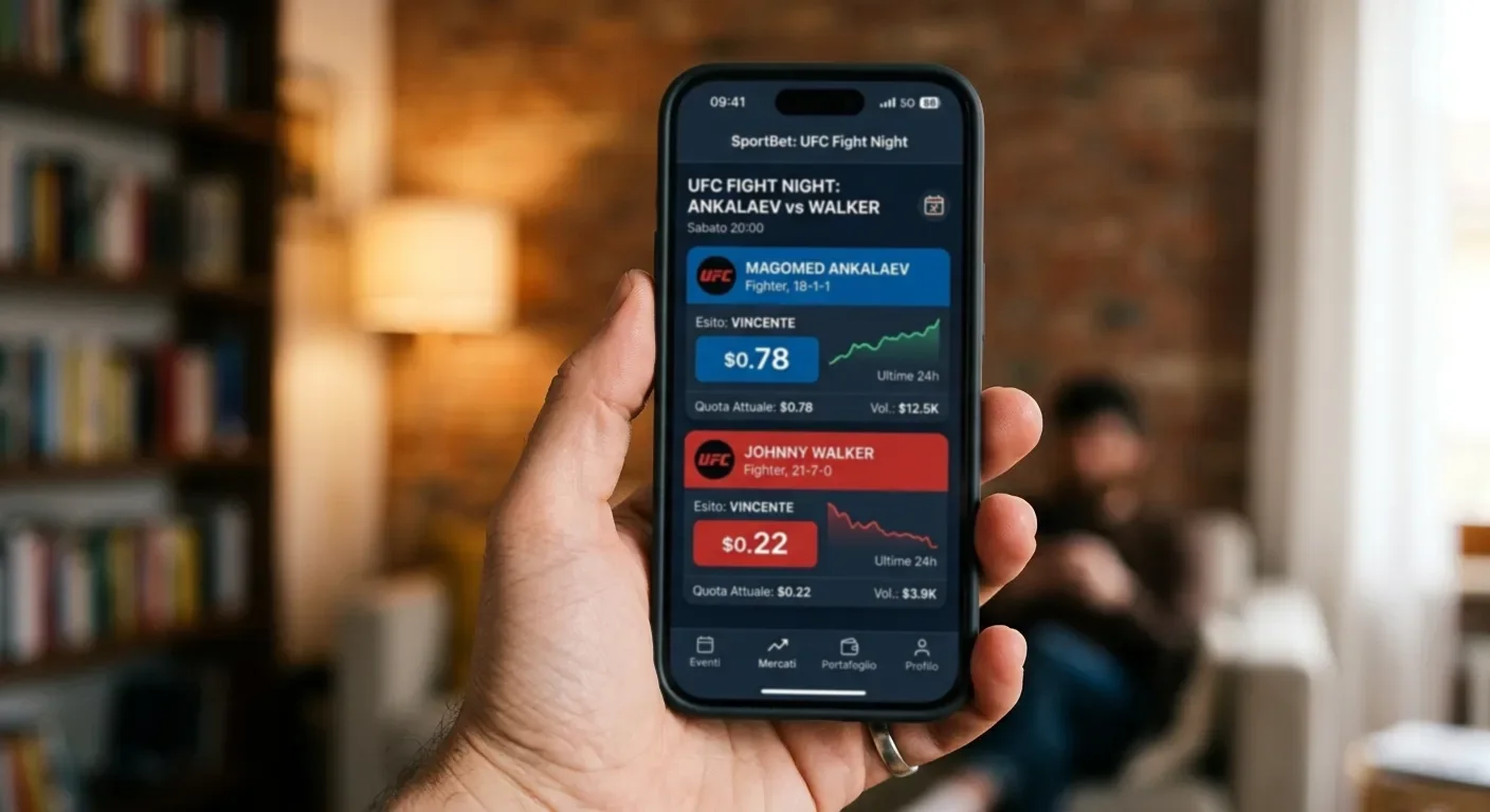Interfaccia dell'app Polymarket aperta su un mercato MMA con due esiti contrapposti