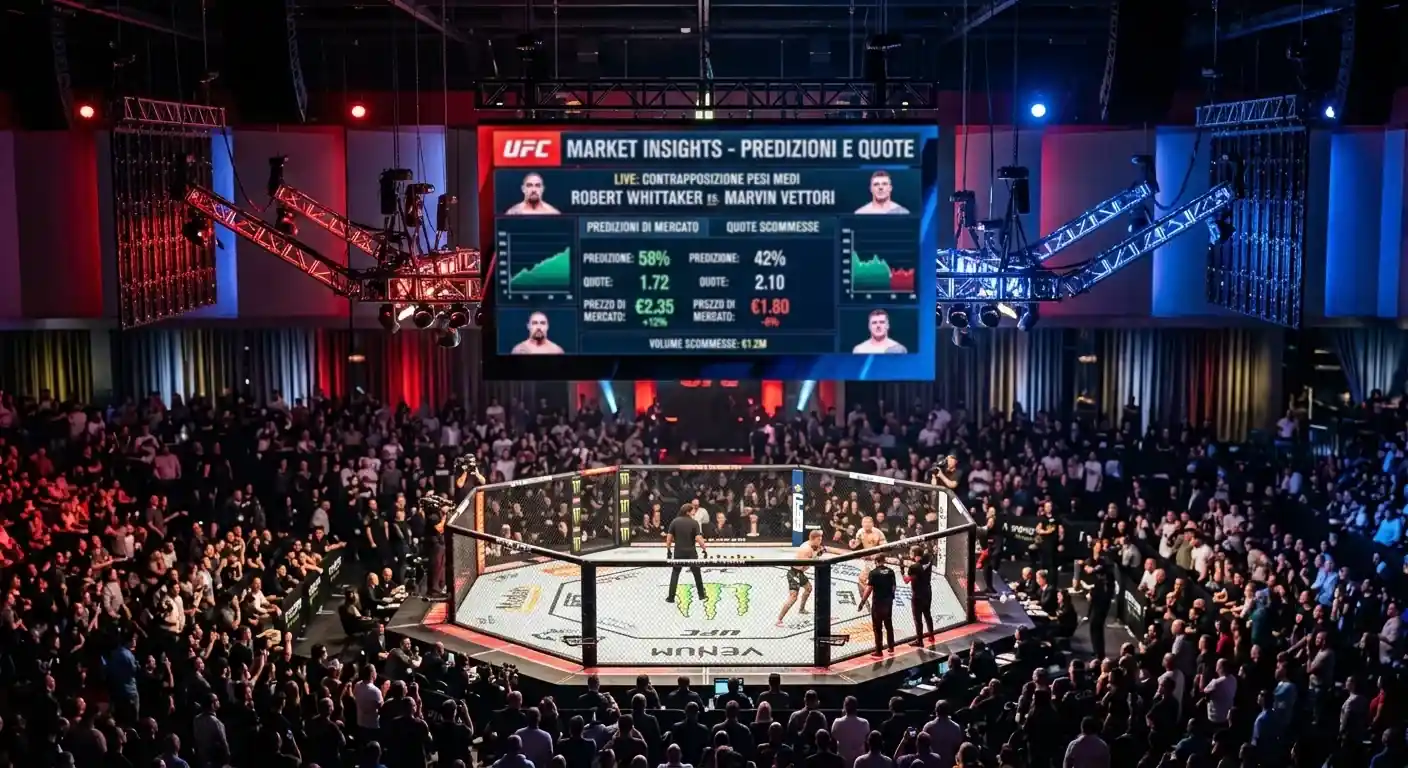 Schermo arena UFC mostra prezzi prediction market accanto a quote tradizionali durante evento live
