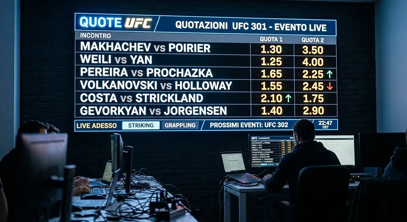 Tabellone luminoso con quote UFC su un main event in movimento prima del fight