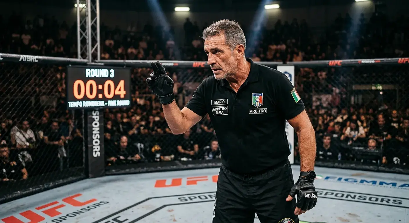 Arbitro controlla il cronometro durante un round di un fight UFC al minuto finale