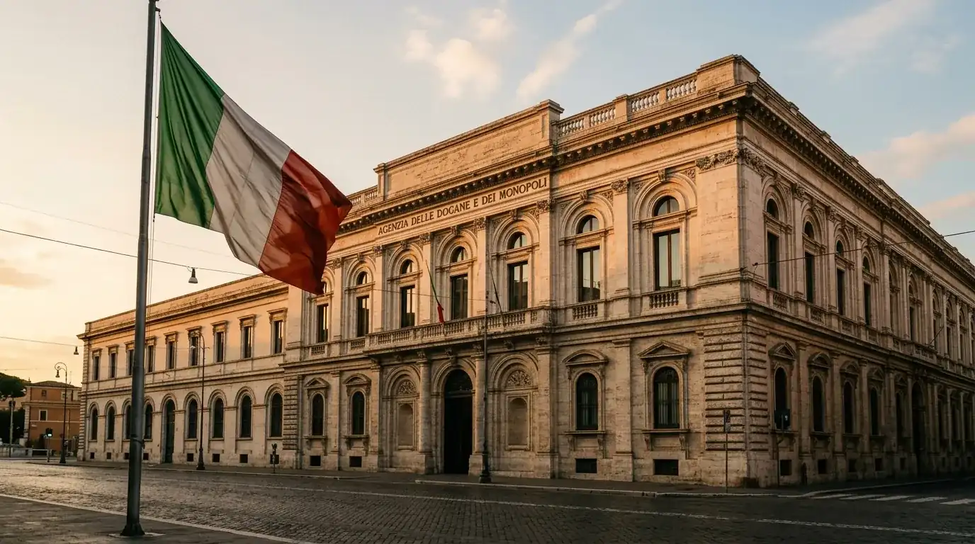 Sede dell'ADM a Roma con bandiera italiana al tramonto, scommesse MMA in Italia 2026