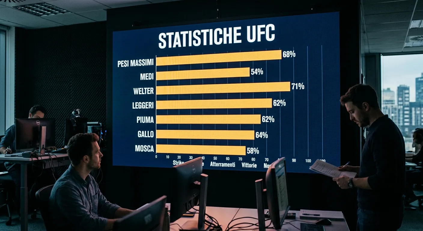 Statistiche di finish rate UFC distribuite per categoria di peso su uno schermo dati