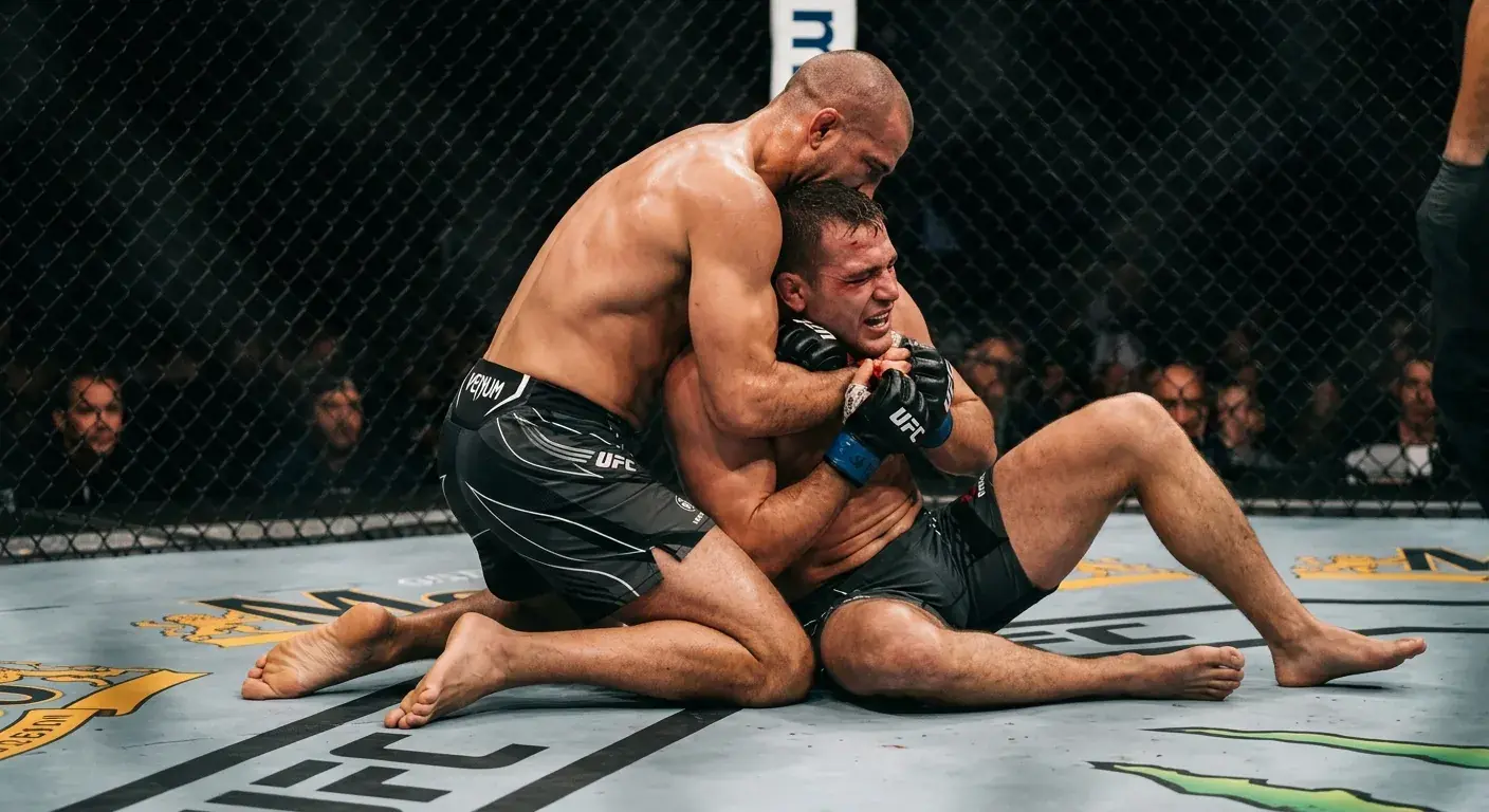 Tecnica di sottomissione rear naked choke applicata in un combattimento MMA