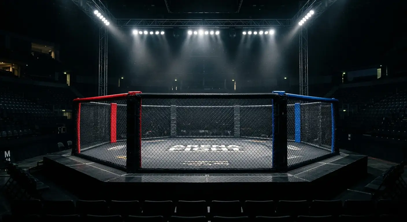 Bordo dell'ottagono UFC con dettaglio del logo e atmosfera prima del fight