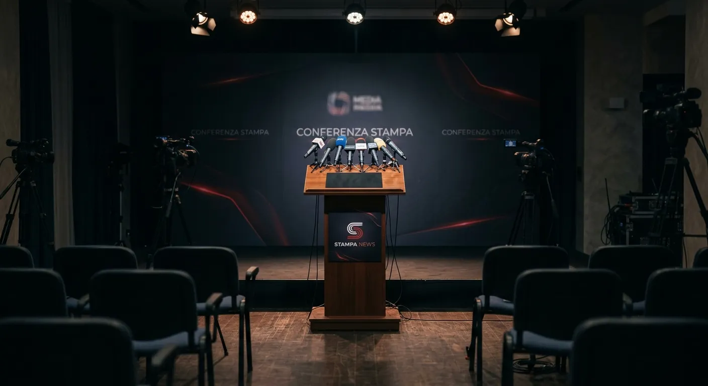 Podio di una conferenza stampa UFC con luci accese e microfoni