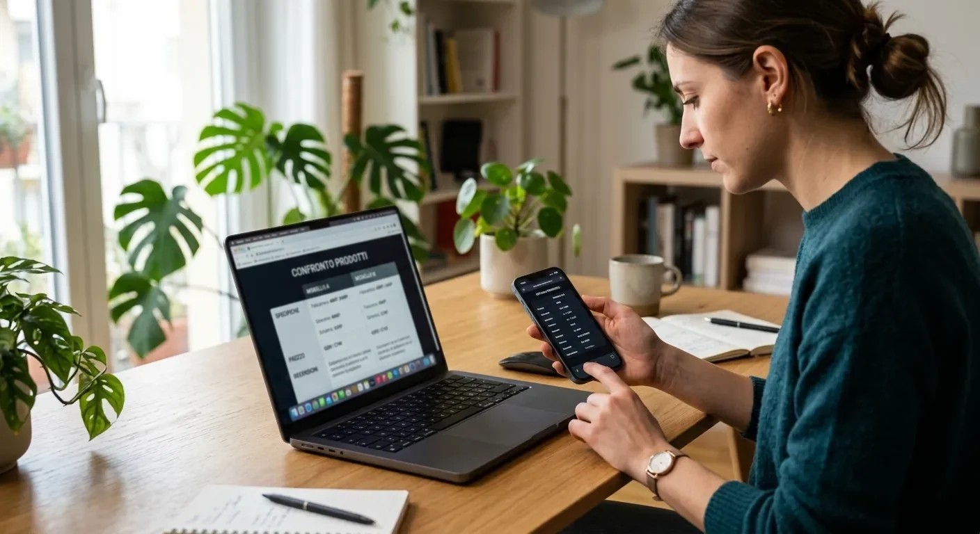 Persona compara dettagli tecnici di due operatori scommesse internazionali su schermo laptop