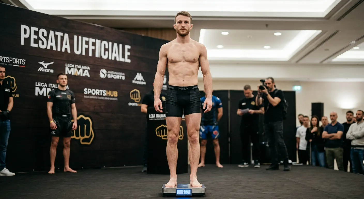 Fighter welterweight UFC sulla bilancia ufficiale durante la pesata di un evento numerato